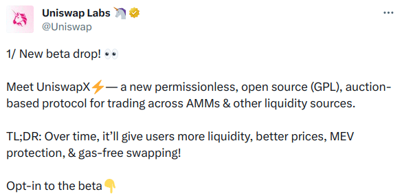 Tweet d'Uniswap qui annonce sa plateforme UniswapX