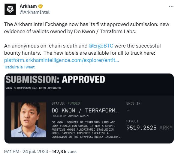 La plateforme d’échange de renseignements d’Arkham Intelligence verse sa première prime.
