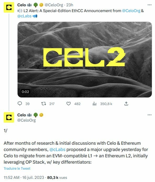 Tweet de Celo qui annonce sa volonté de devenir un L2 d'Ethereum