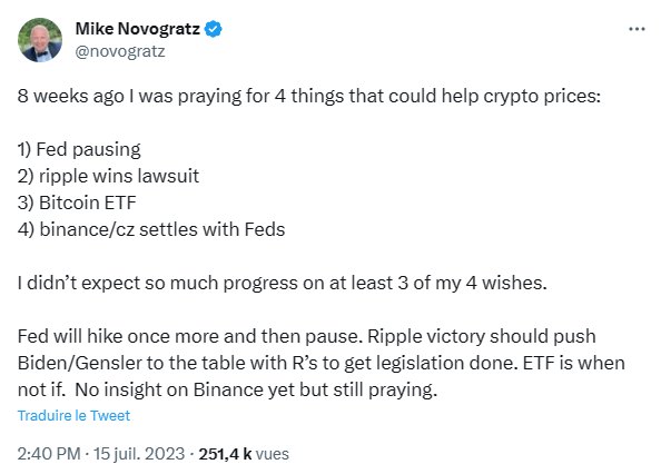 Mike Novogratz a vu 3 de ses 4 souhaits pour un bull run de Bitcoin se réaliser.