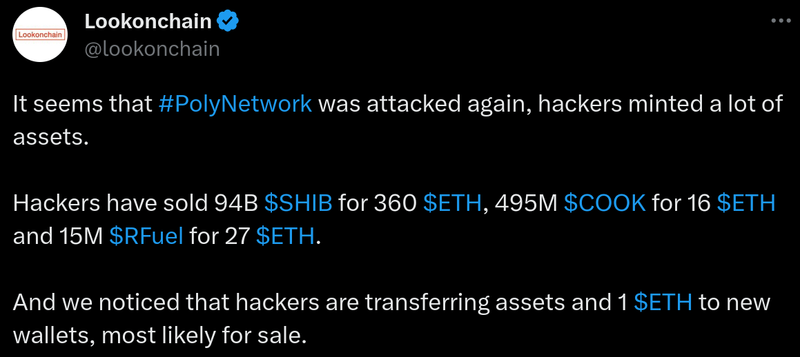 Tweet from Lookonchain reporting on the PolyNetwork attack.