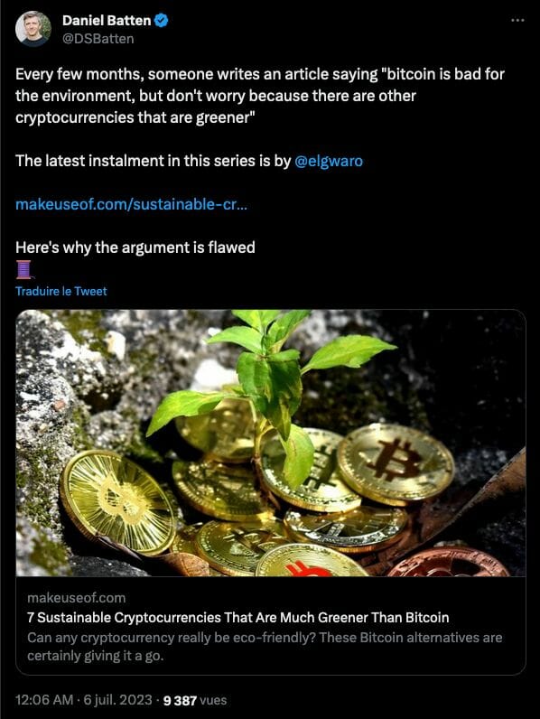 Daniel Batten réagit à la parution d'un article sur des cryptomonnaies plus vertes que le bitcoin