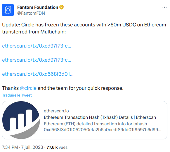 Tweet de la Fondation Fantom qui annonce que Circle a gelé 60 millions de dollars en USDC