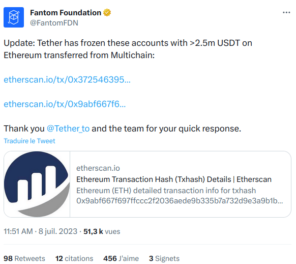 Tweet from the Fantom Foundation announcing that Tether has frozen $2.5 million in USDT