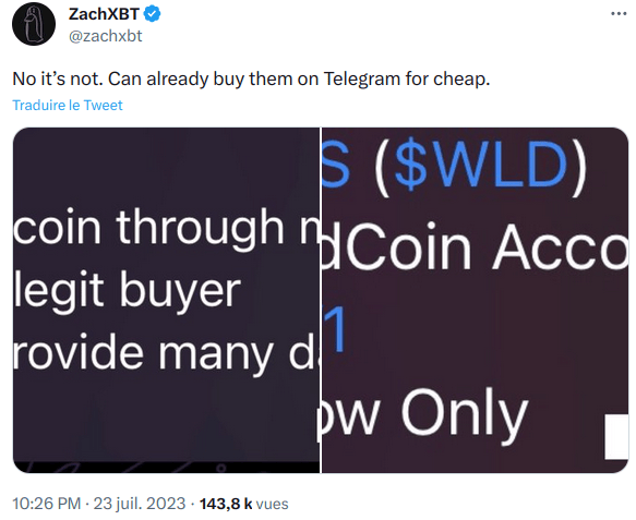 Tweet de ZachXBT sur le marché noir des comptes worldcoin