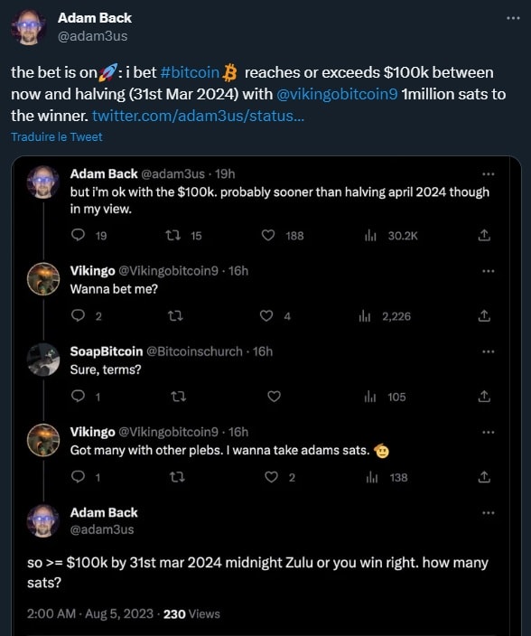 Adam Back fait un pari sur le prix du bitcoin en 2024 avec un internaute sur Twitter.