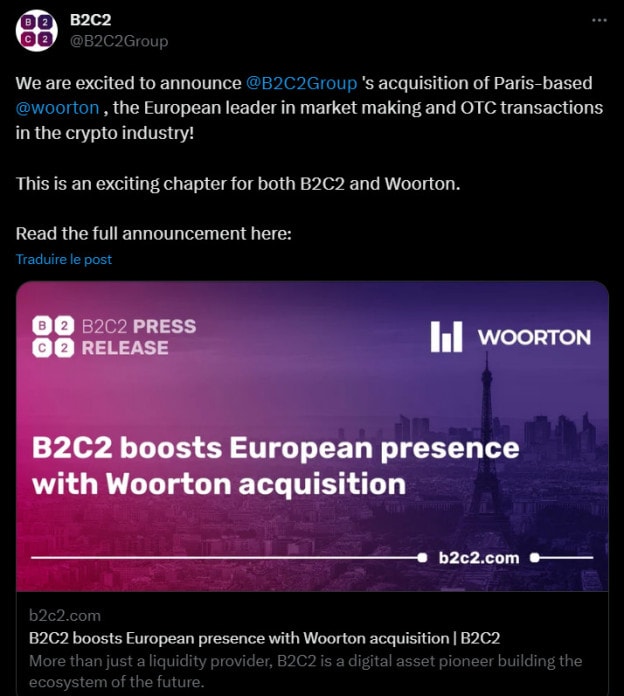 B2C2 vient de faire l'acquisition de Woorton et le britannique a de bonnes raisons ! En effet, le français est très actif sur le front de la règlementation et du lobbying au niveau français et européen. Ce qu'on appelle un deal win-win !