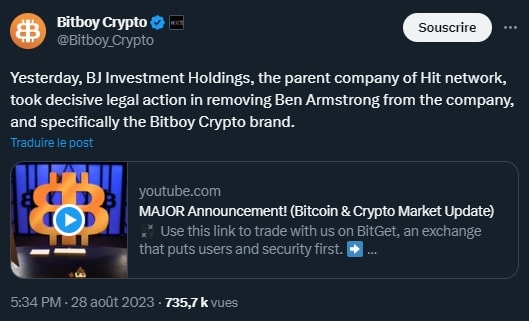La marque BitBoy Crypto annonce s'être séparer de son visage emblématique, Ben Armstrong.