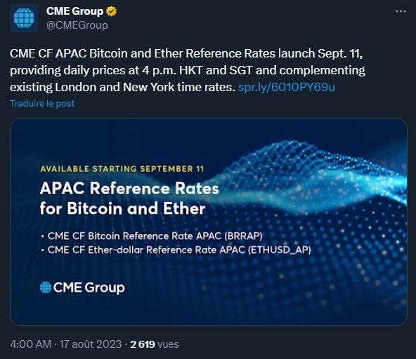 The CME is setting up a new benchmark price publication for Bitcoin and Ethereum, at a time specifically dedicated to the Asian market.