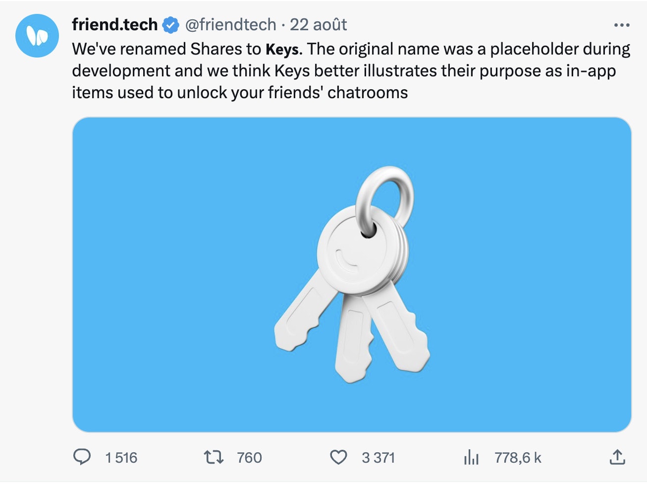Tweet de Friend Tech annonçant que les actions deviennent des clés 