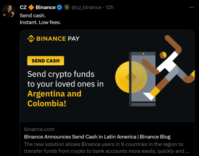 Binance lance un nouveau service de transfert de crypto vers des comptes bancaires en Amérique du sud. Tout d'abord limité à 9 pays, Send Cash devrait se généraliser dans les mois à venir. 