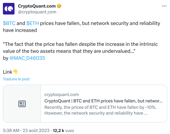 Selon certains observateurs, tels que CryptoQuant, cette hausse de la sécurité de Bitcoin en parallèle à un prix stagnant de l’actif impliquerait un actif sous-évalué.