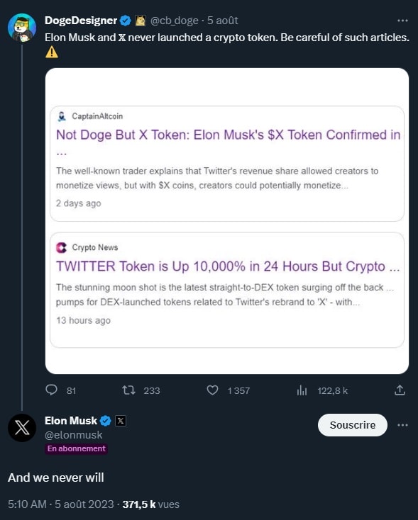 Pour Elon Musk, il n'y aura jamais de crypto dédiée à Twitter (X).
