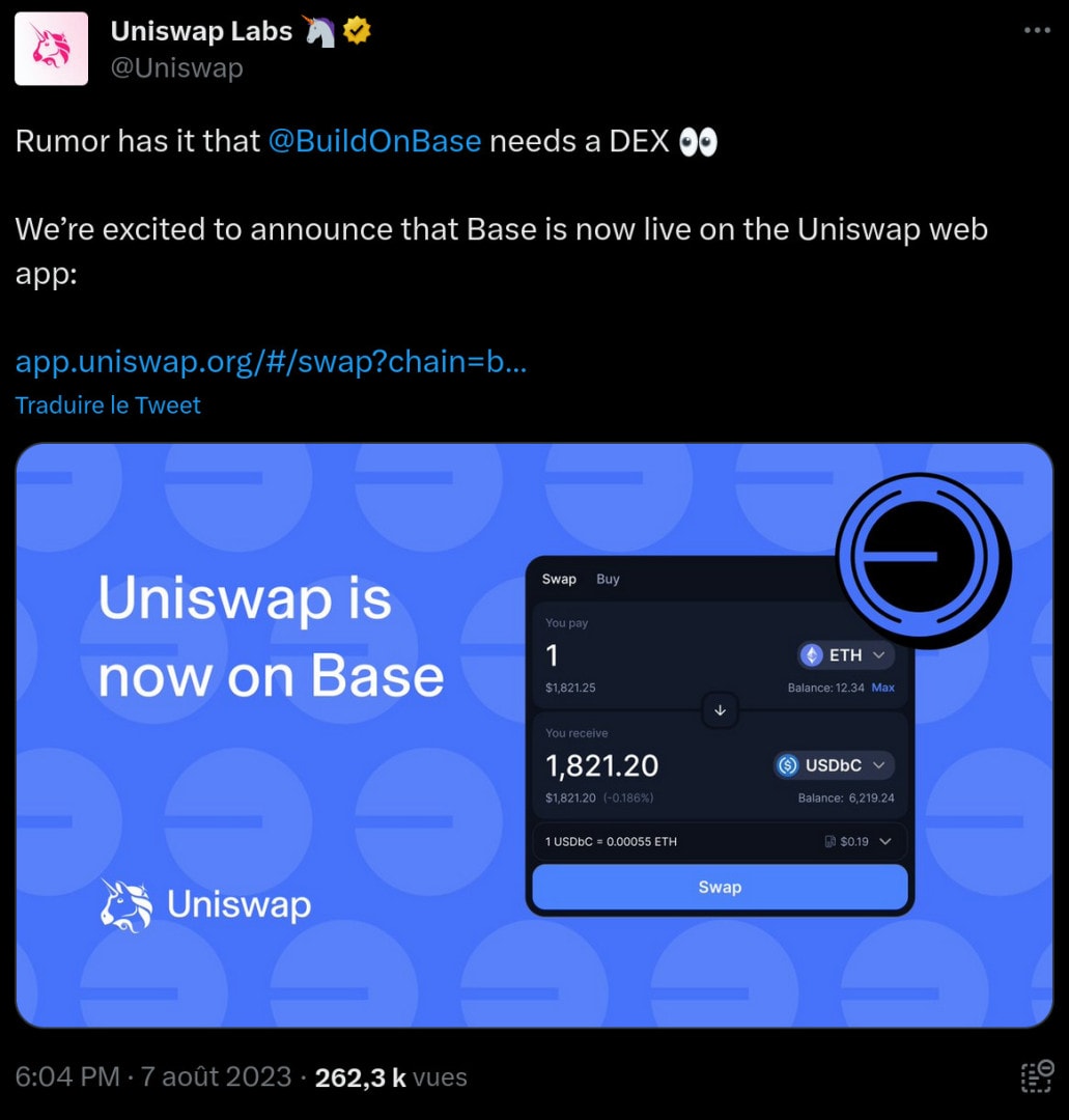Tweet d'Uniswap qui annonce son déploiement sur le L2 Base