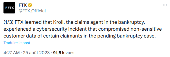 Tweet de FTX annonçant la faille de sécurité 