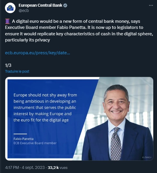 Fabio Panetta, membre de la direction de la BCE, s'exprime sur la question de l'euro numérique.