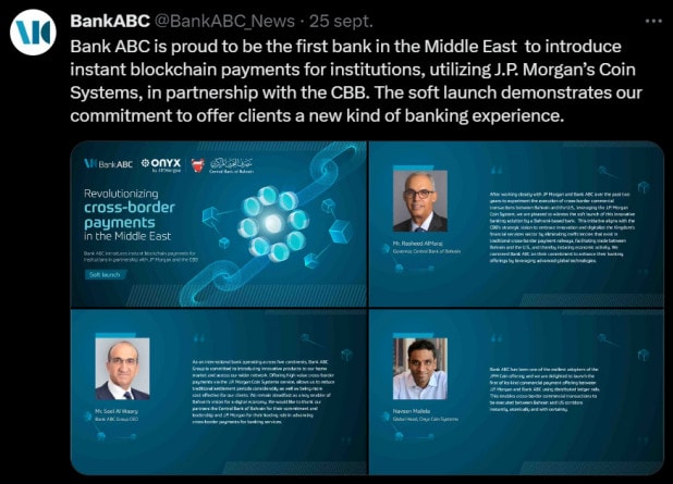 La Bank ABC du Barhein intègre le Onyx Coin Systems de JPMorgan Chase pour améliorer les paiements nationaux et internationaux. Ce faisant, la banque rejoint d'autres institutions bancaires dans le monde qui se sont déjà connectées à ce réseau d'un nouveau genre basé sur la blockchain. 