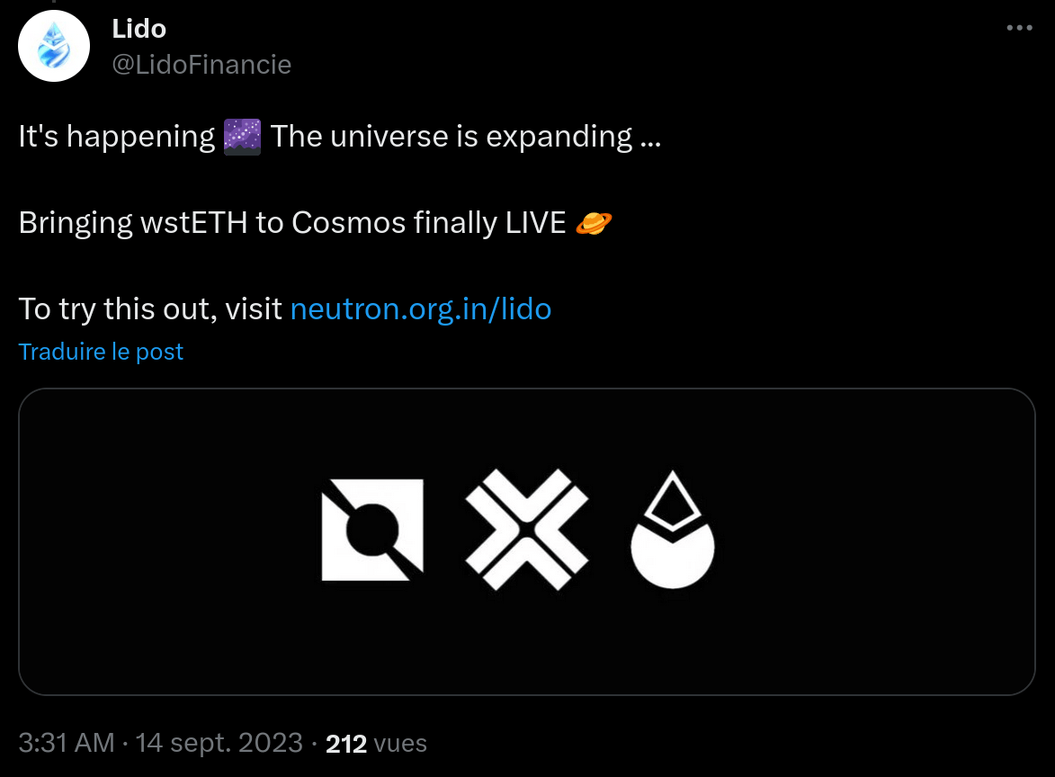 Lido annonce l'arrivée du wstETH sur Cosmos