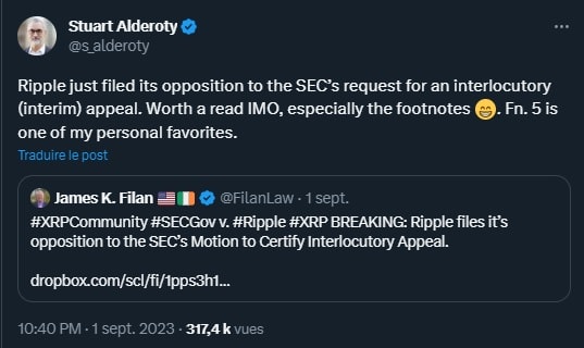 Stuart Alderoty s'oppose à la demande d'appel de la SEC dans le procès face à Ripple.