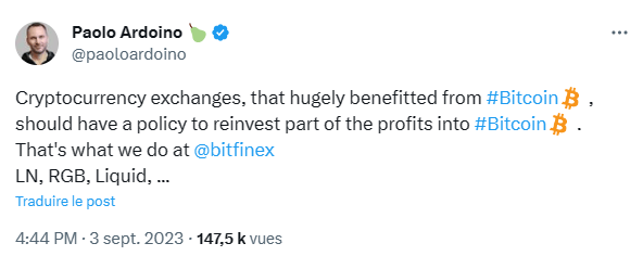 Paolo Ardoino confirms that Bitfinex bets on Bitcoin and its technologies.
