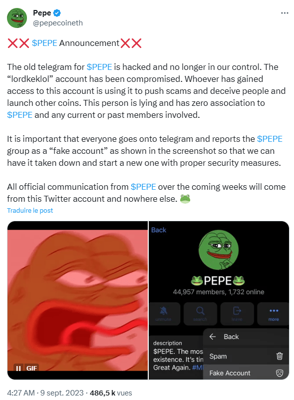 Le compte Telegram de Pepe the Frog a été compromis par un pirate.