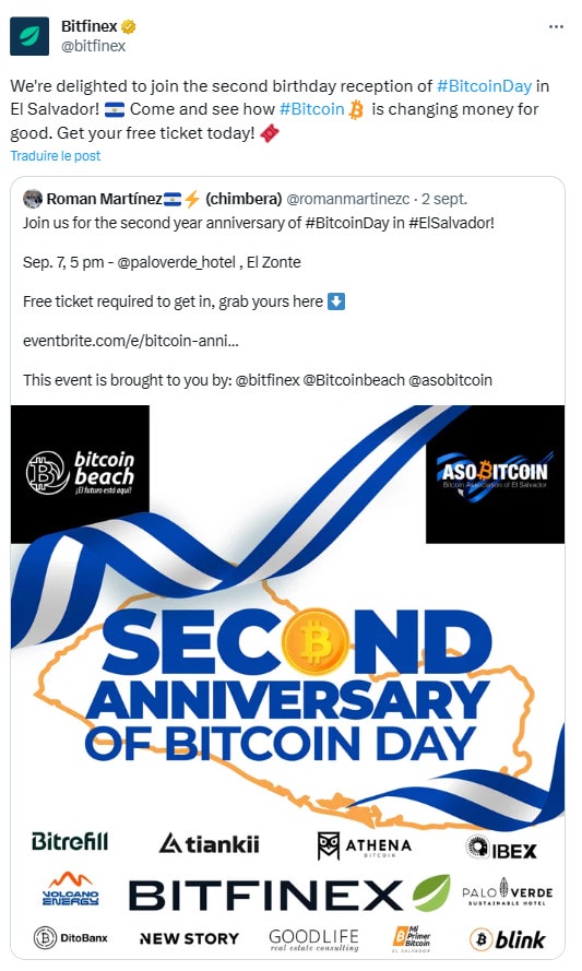 Bitfinex souhaitera son 2ème anniversaire au Bitcoin Day du Salvador.