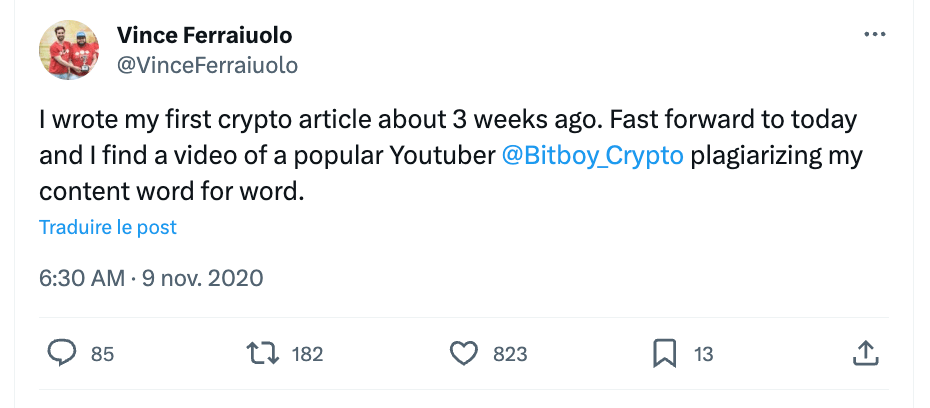 Tweet de Vince Ferraiuolo qui accuse BitBoy Crypto de plagiat