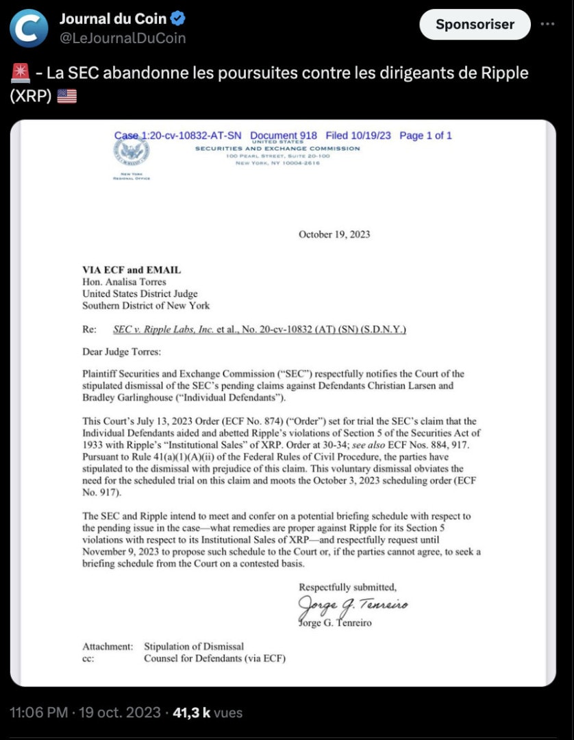 Tweet du Journal du coin annonçant que la SEC ne s'attaquera plus à Brad Garlinghouse et Chris Larsen.