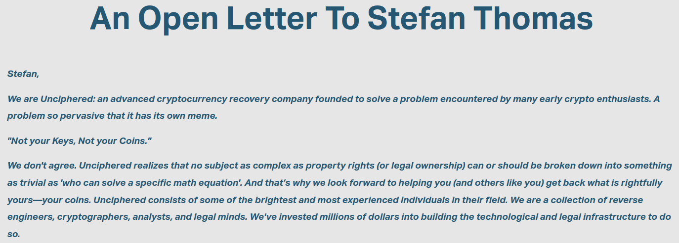 Open letter from Unciphered to Stefan Thomas