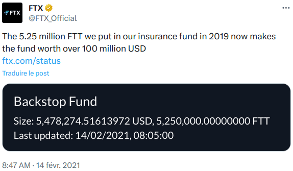 Tweet de FTX qui dévoile le montant présumé de son fonds d'assurance.