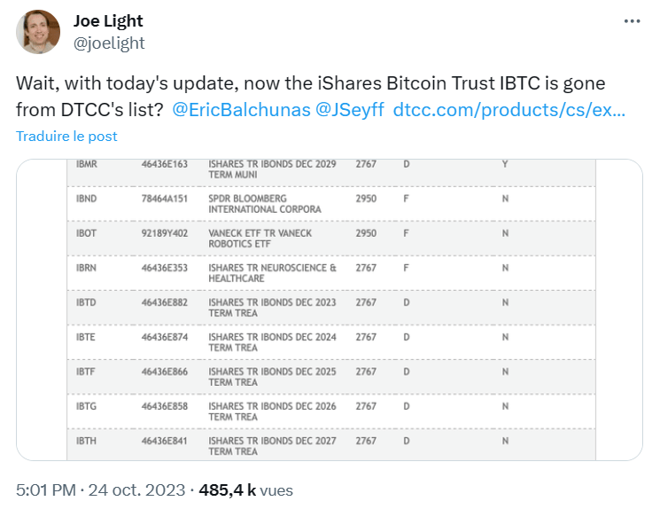 The IBTC index for BlackRock's Bitcoin spot ETF has been removed from DTCC.