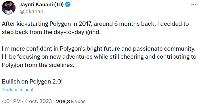 Jaynti Kanani annonce son départ de Polygon Labs