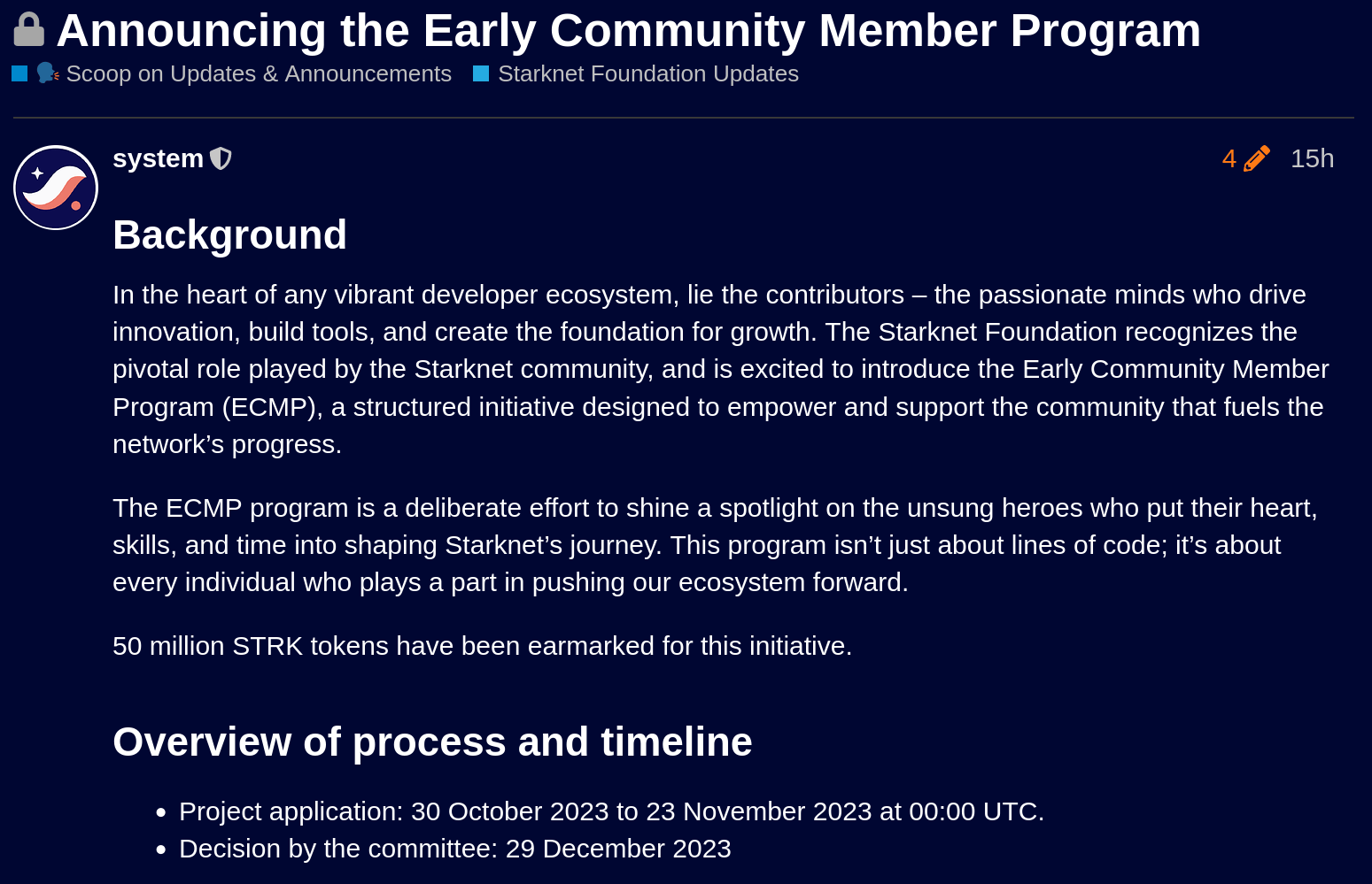 Starknet announces its Early Community Member Program to distribute its STRK tokens