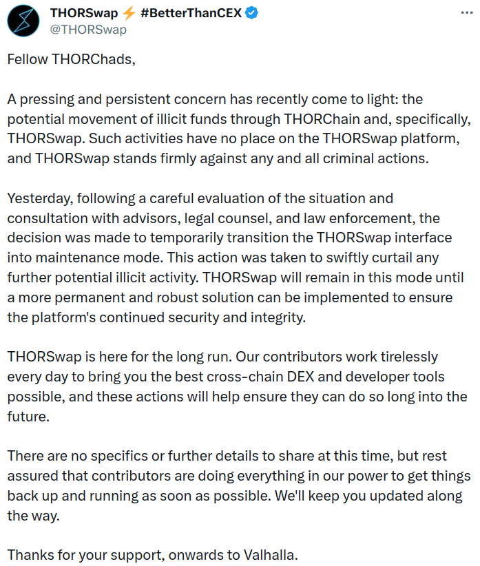 Annonce publiée par l'équipe de THORSwap concernant la situation avec le hacker de FTX.