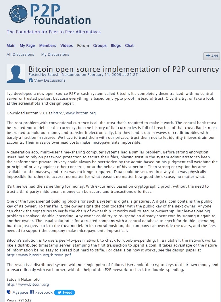 Bitcoin - Post de Satoshi sur le forum de la P2P Foundation