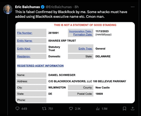 Tweet Eric Balchunas sur les ETF XRP de BlackRock qui sont faux