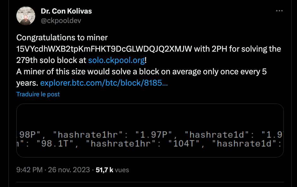 Congratulations to the solo miner who validated a block using the ckpool solo software 
