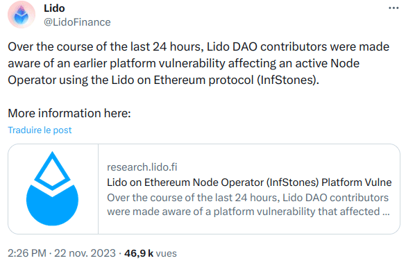 Annonce de Lido sur Twitter