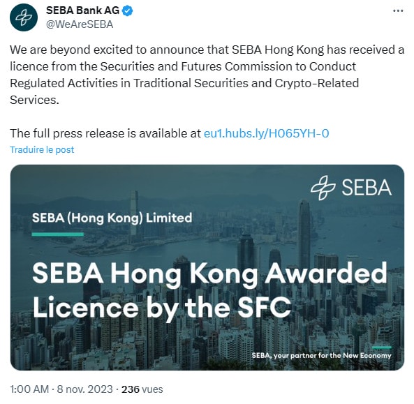 SEBA Bank installe ses activités cryptos à Hong Kong.