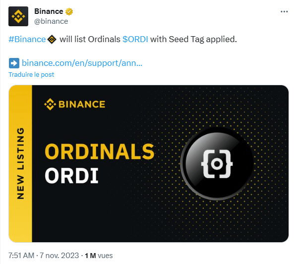 Binance annonce ajouter l’ORDI d’Ordinals sur sa crypto-bourse.
