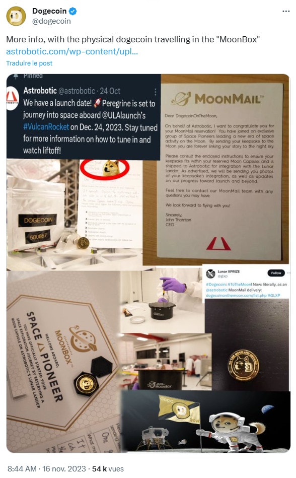 Dogecoin et Bitcoin envoyés sur la Lune par Astrobotic.