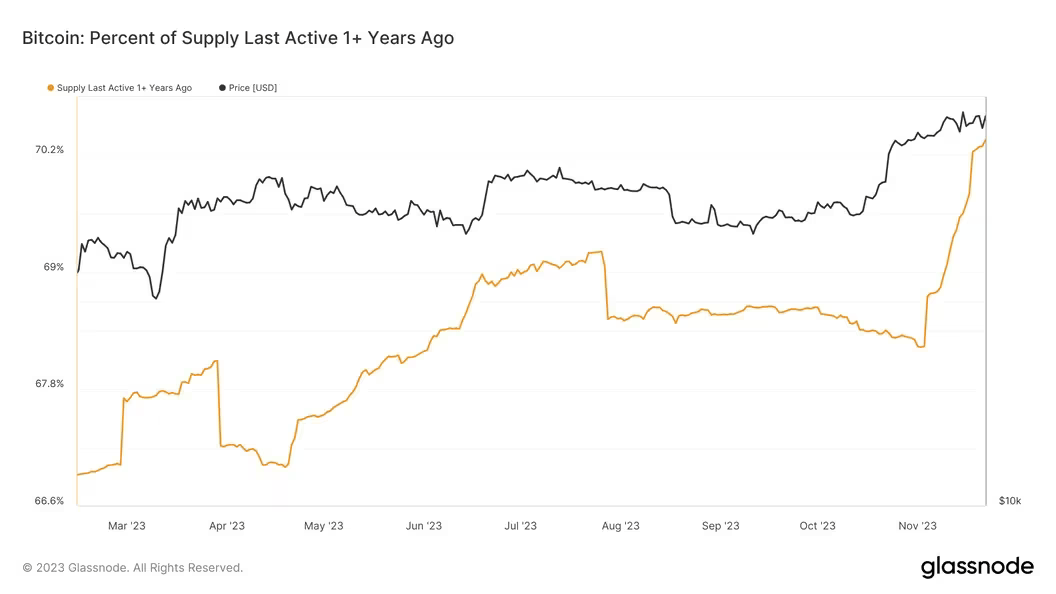 Évolution du pourcentage d'adresse n'ayant pas déplacé leurs BTC dans la dernière année