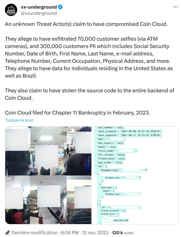 Tweet des équipes de Vx-underground qui révèle une fuite de donnée chez Coin Cloud.