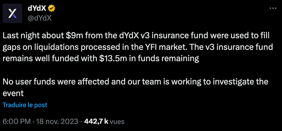 Tweet de dYdX qui annonce avoir été victime d'un hack.