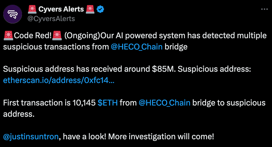 Tweet publié par Cyvers pour alerter du hack de HTX e t Heco.