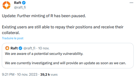 Les développeurs de Raft annoncent le hack sur X (Twitter).