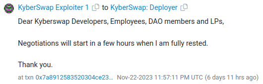 Message envoyé par le hacker de KyberSwap
