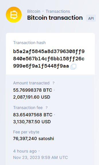 Transaction avec 83 BTC de frais sur Bitcoin