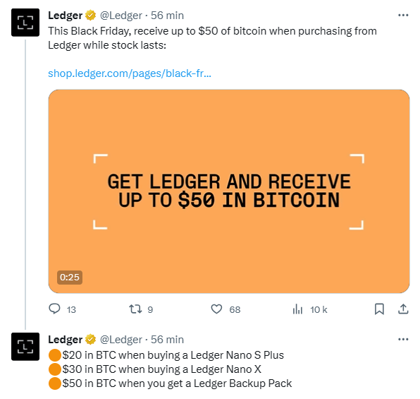 Ledger offre du Bitcoin pour l’achat de ses hardware wallets, lors du Black Friday.