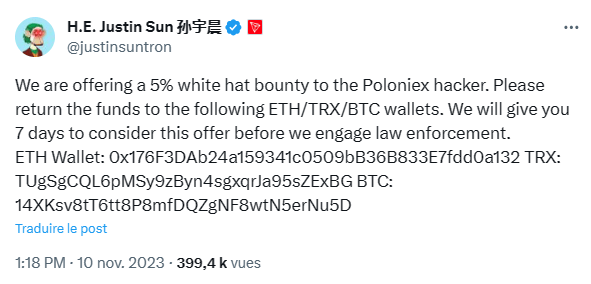 Justin Sun laisse une chance au hacker de rendre les cryptos de Poloniex avant d’appeler la police.